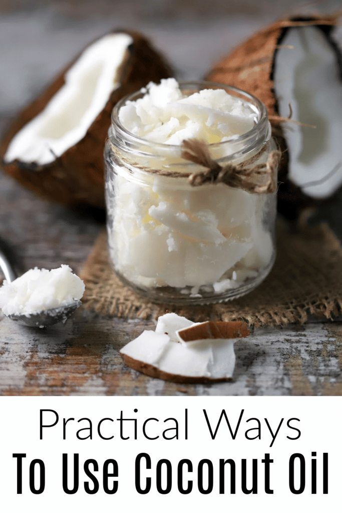 Practical ways to use coconut oil - pictured small jar of coconut oil and broken coconut