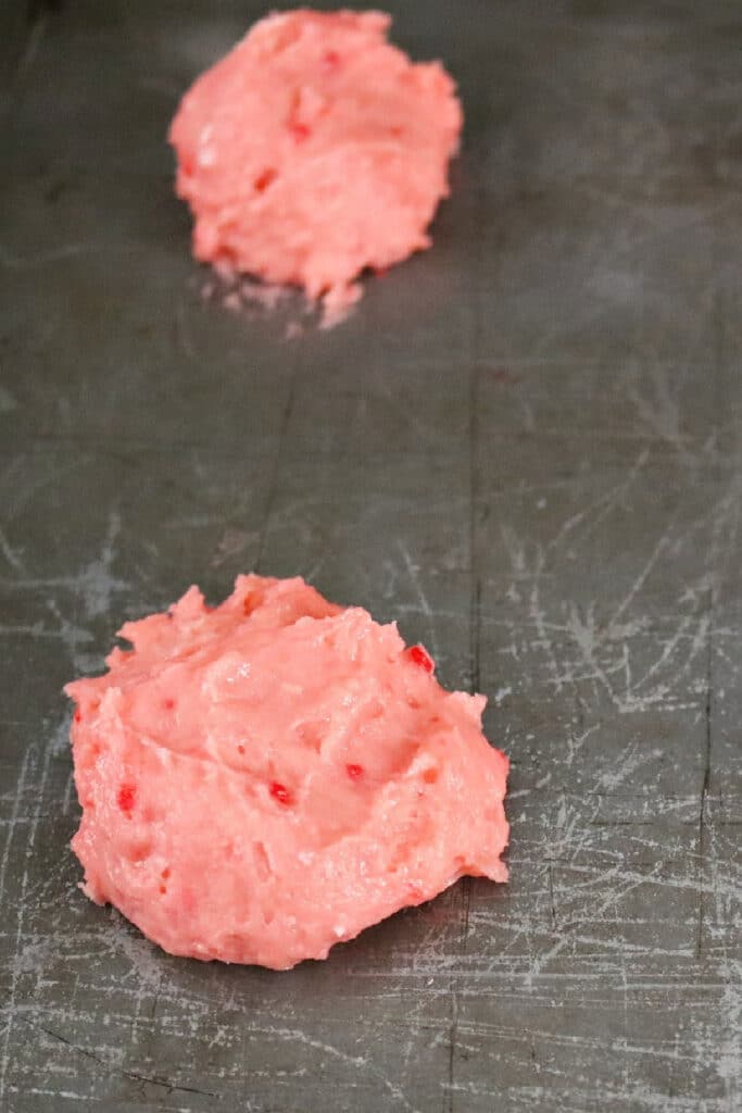 making whoopie pie cookies - cookie dough dropped onto baking sheet