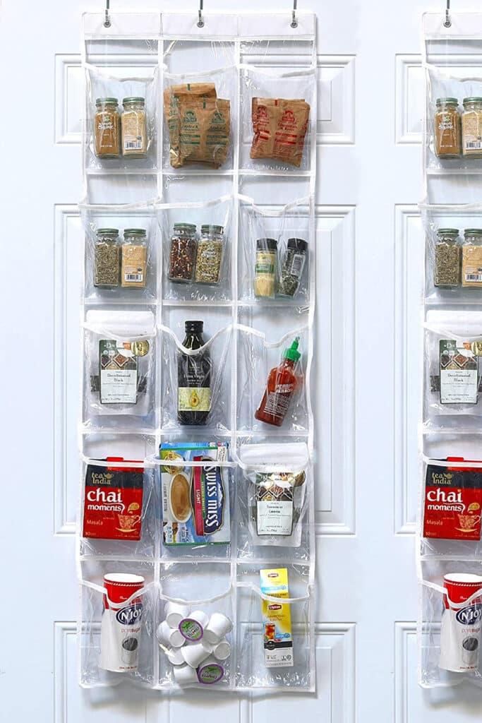 over the door shoe organizer. organizing spices and condiments.