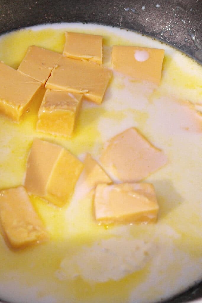 Adding chunks of cheese and milk to crock pot