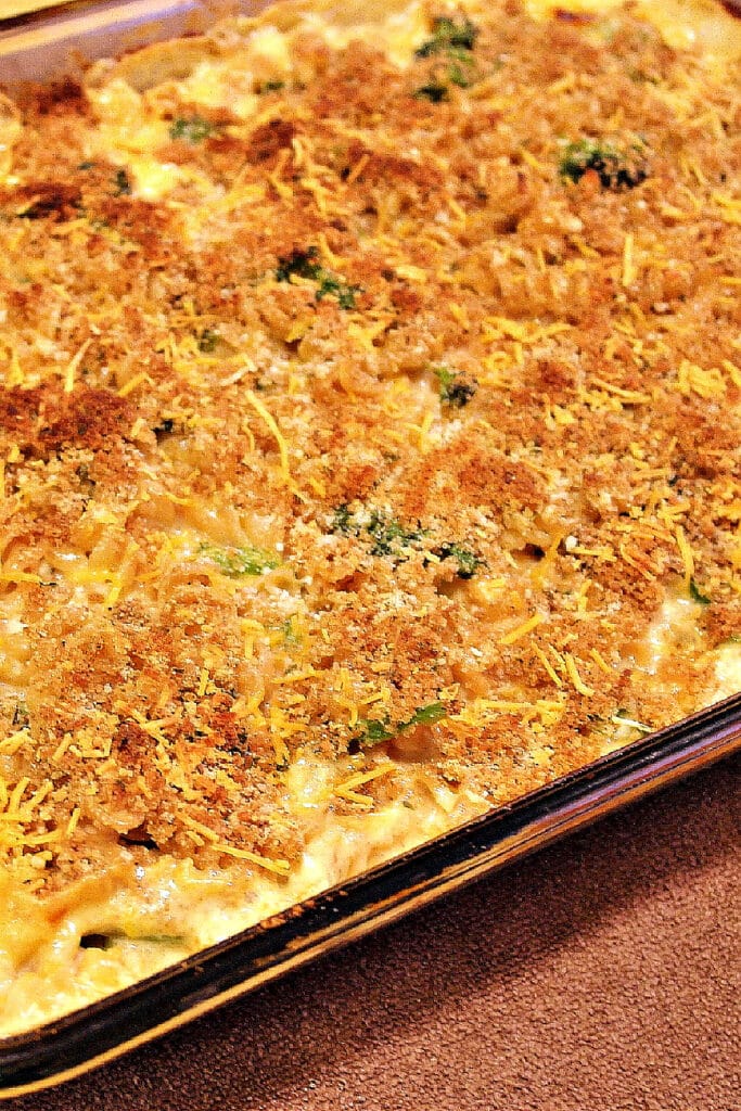 finished broccoli bake in glass baking dish