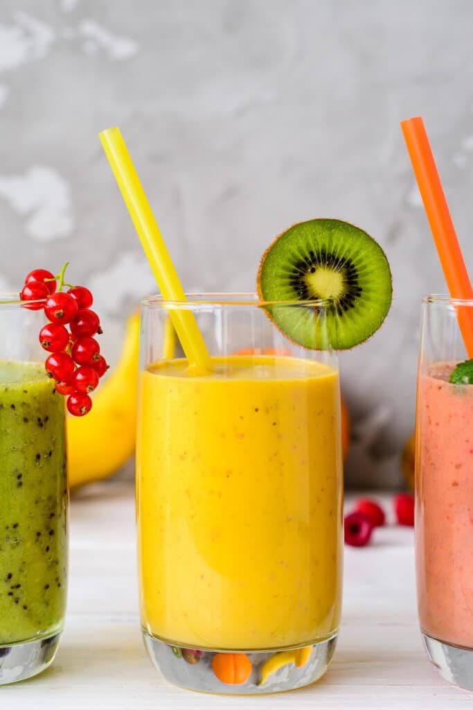 3 different kinds of smoothies made from different fruits