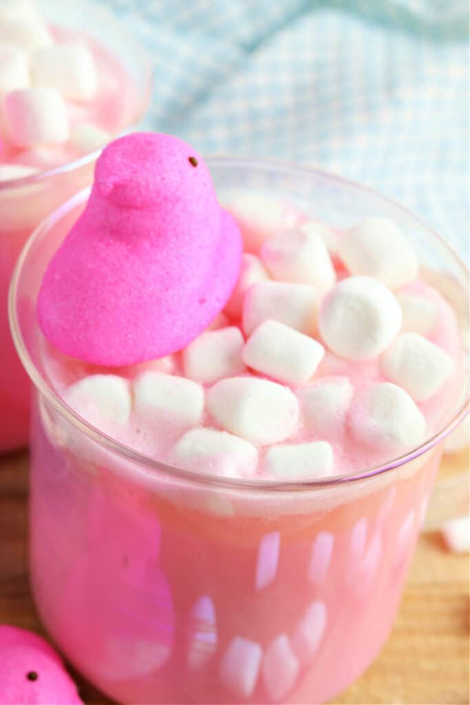 Adding pink peep and marshmallows
