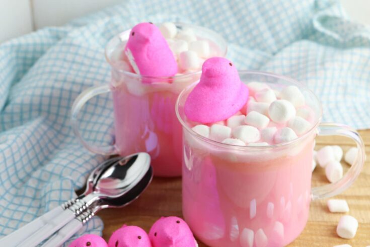 white hot chocolate with pink peeps with blue napkin