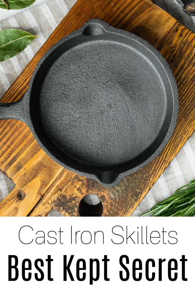 Cast Iron Skillets best kept kitchen Secret - pictured iron skillet on wooden cutting board