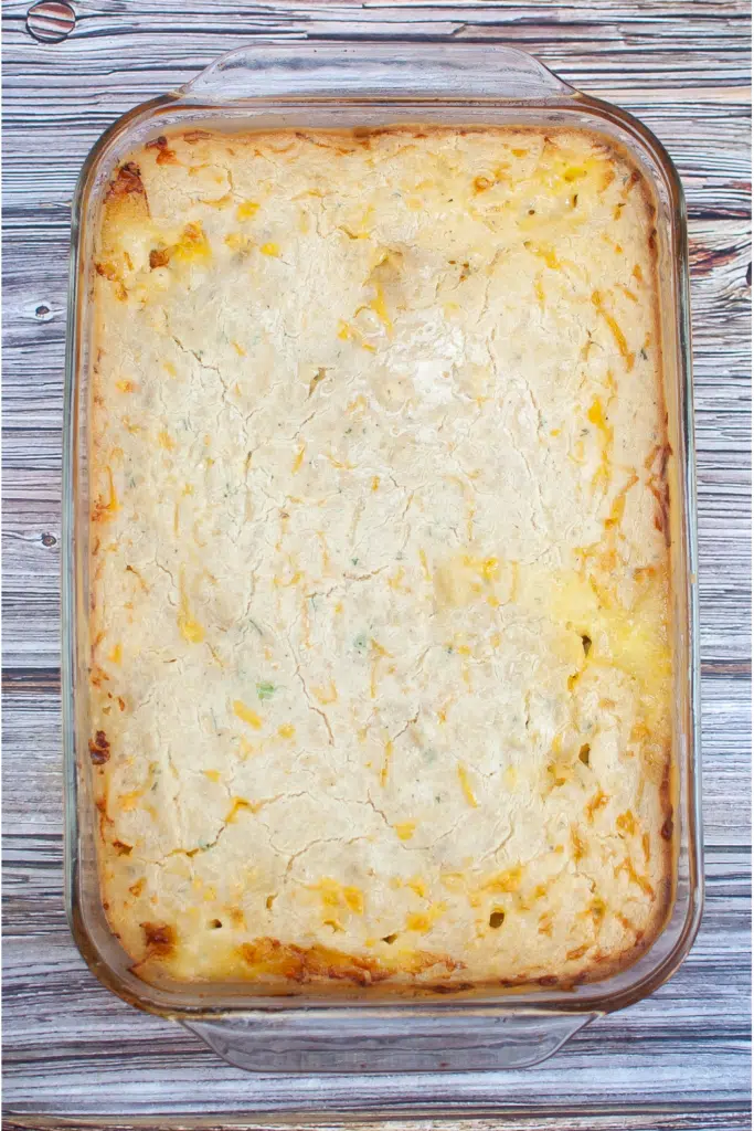 Chicken cobbler complete in baking dish