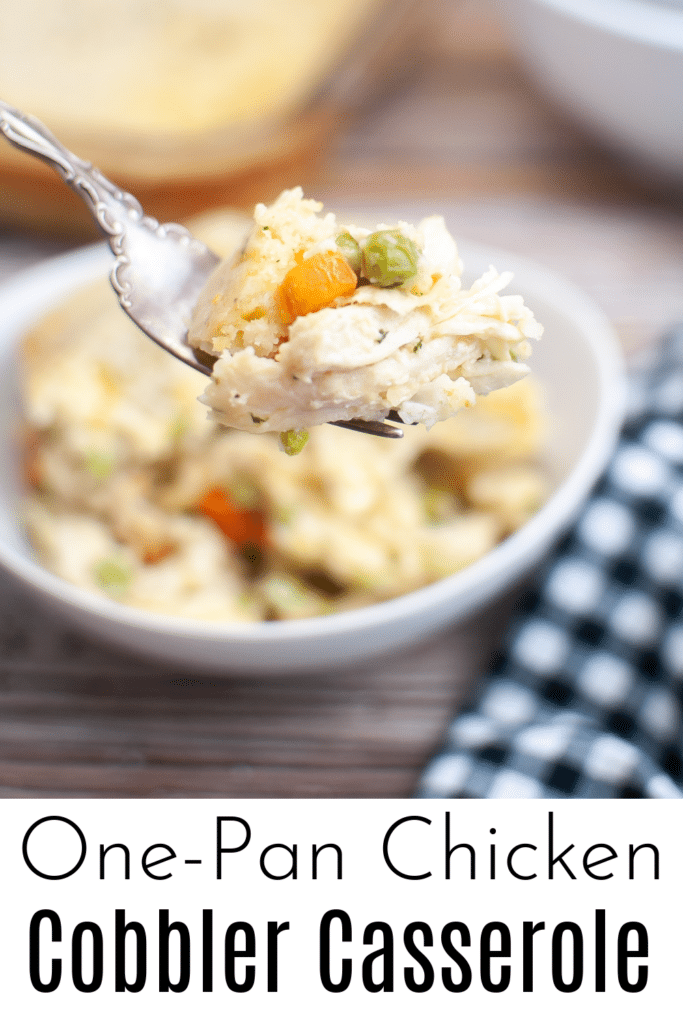 One Pan Chicken Cobbler Casserole recipe on fork