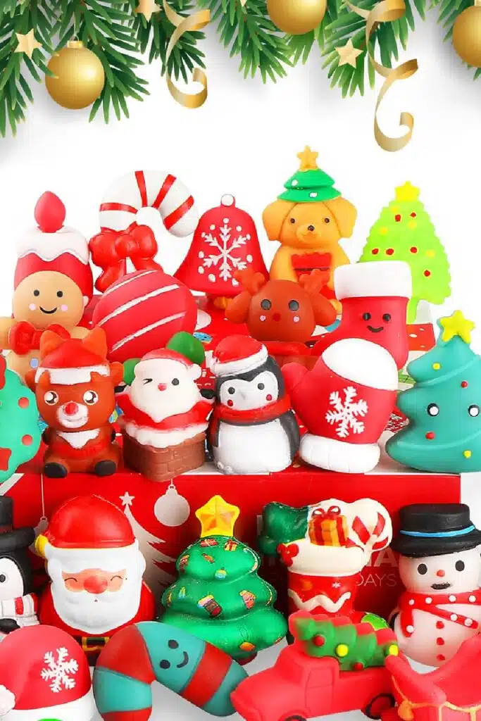 squishy toys calender fillers - pictured squishy santas, holiday tree and mittens