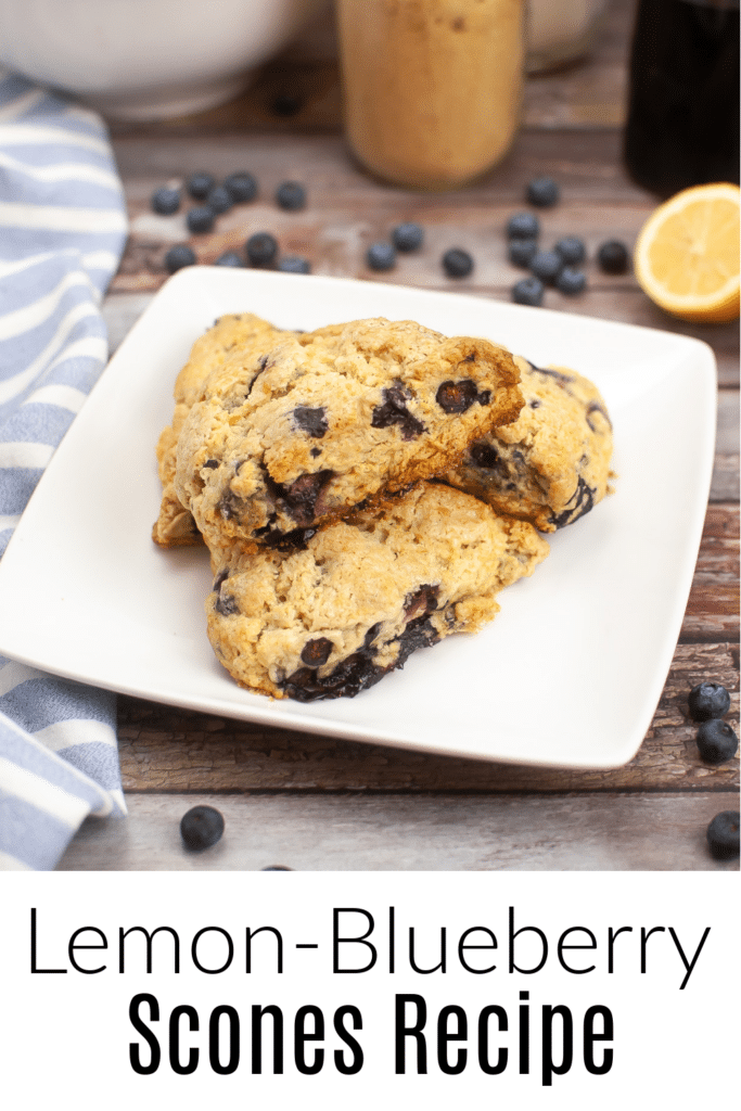 Blueberry Scones on White serving dish With Text overlay Lemon Blueberry Scones Recipe