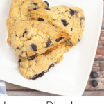 Blueberry Scones stacked on White serving dish With Text overlay Lemon Blueberry Scones Recipe