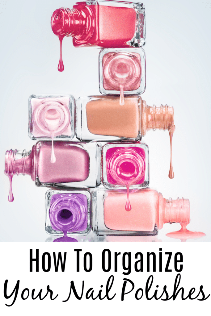 How to organize your nail polishes - pictured stack of open bottles of nail polishes