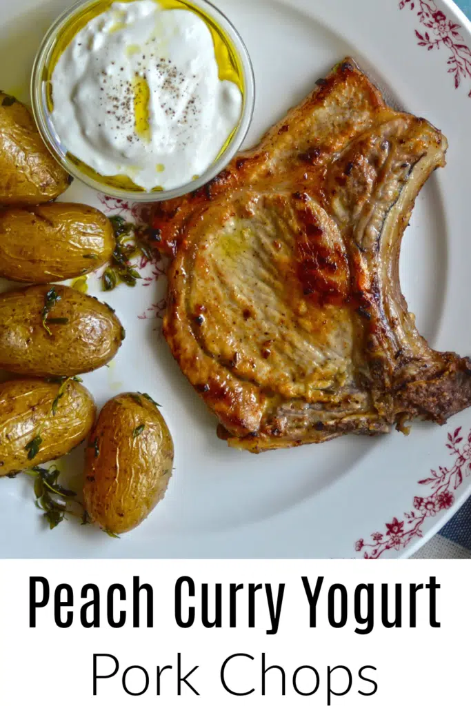 Peach Curry Yogurt Pork chops on plate served with yogurt marinade