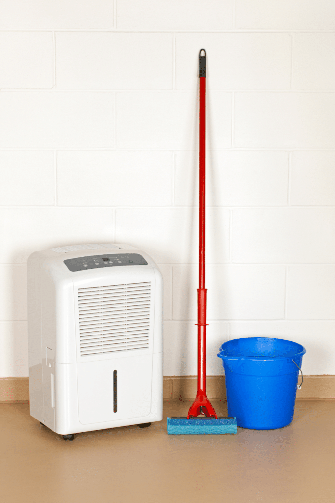 cleaning and decluttering basement mop bucket and dehumidifier basement floor