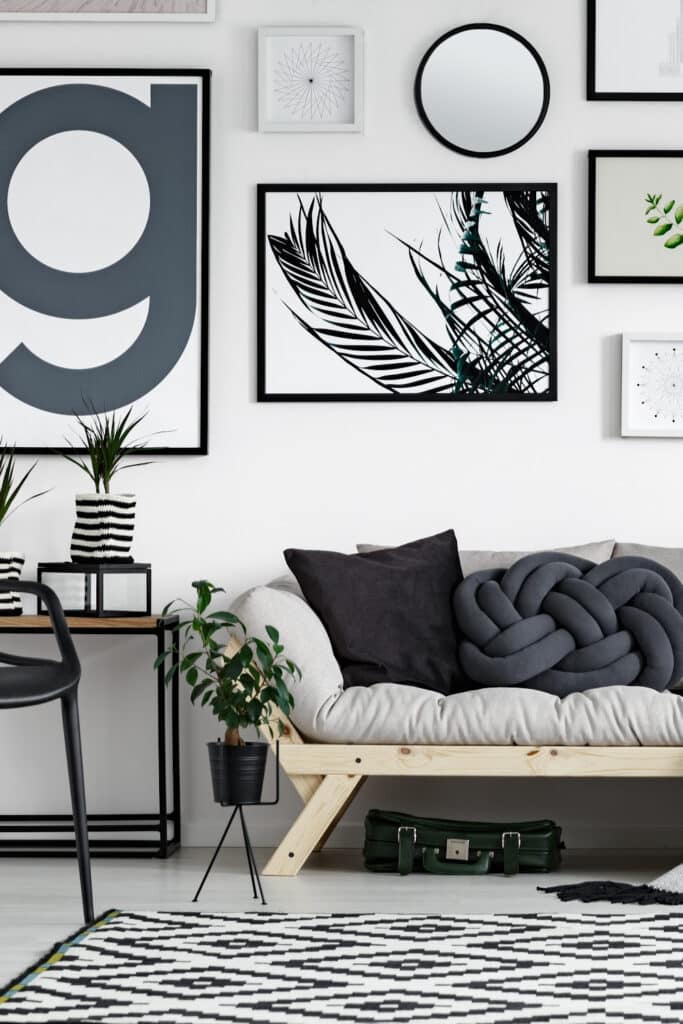 new art work from around you home in living room space - couch with area rug, plants and throw pillows in black and white