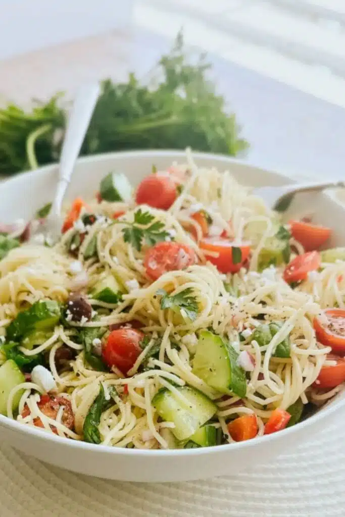 Angel hair pasta salad by nuts and twigs