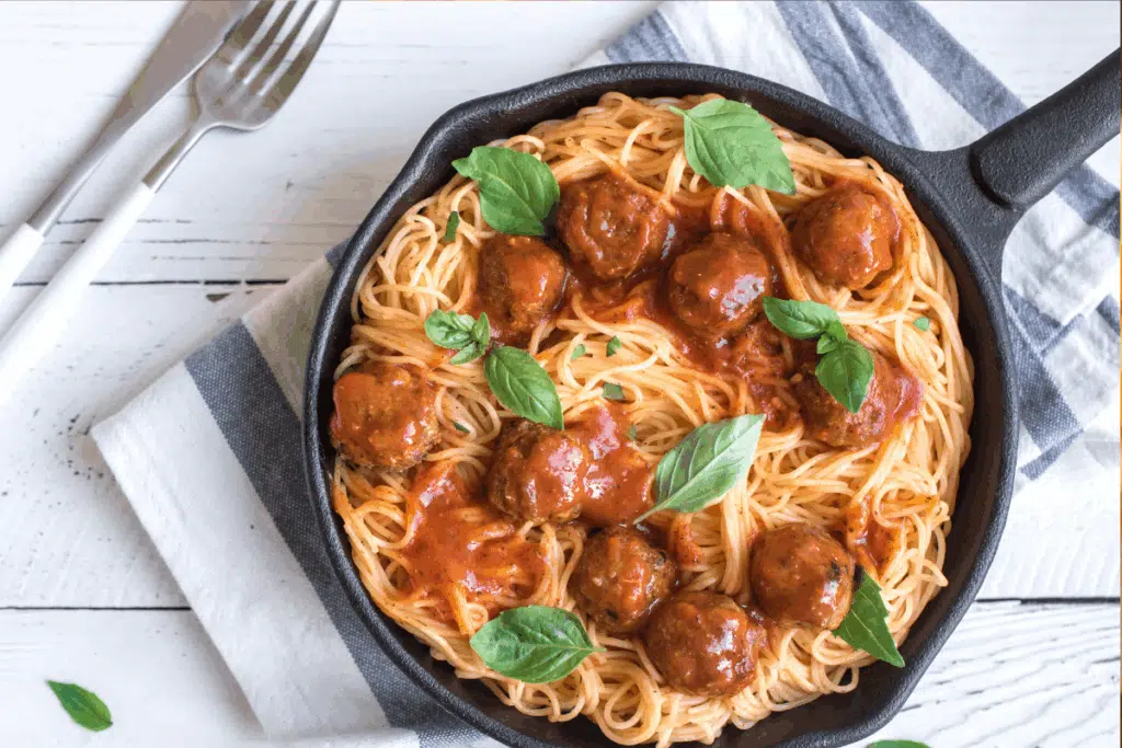 spaghetti and mushroom meatballs Photo Credit Canva Pro Stock Image