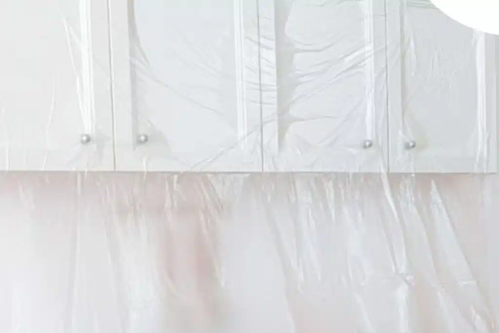 Plastic Wrap protecting kitchen hardware Shelves Photo Credit Walmart