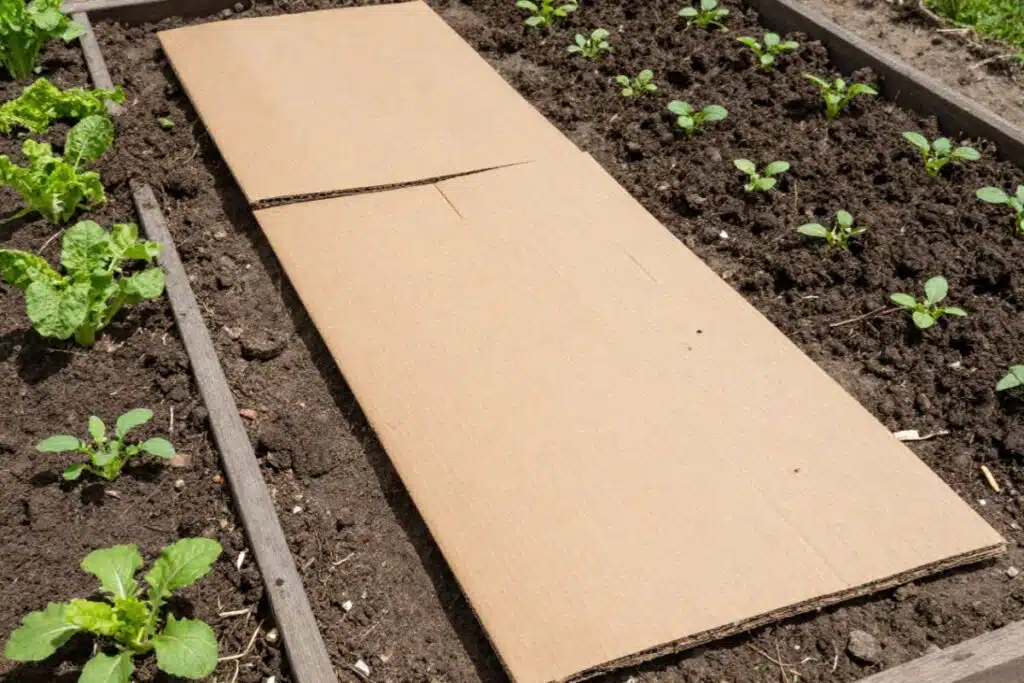 Cardboard as a weed barrier in garden Image Credit Canva Pro Stock Image