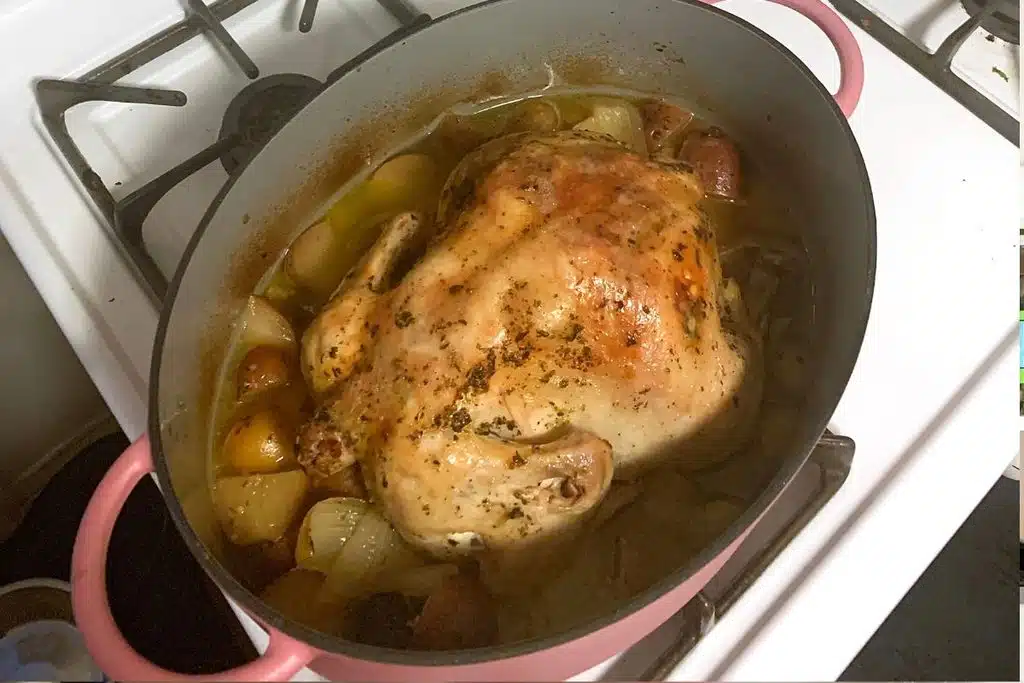 Great Jones Pink Dutch Oven with chicken Photo Credit Apartment therapy